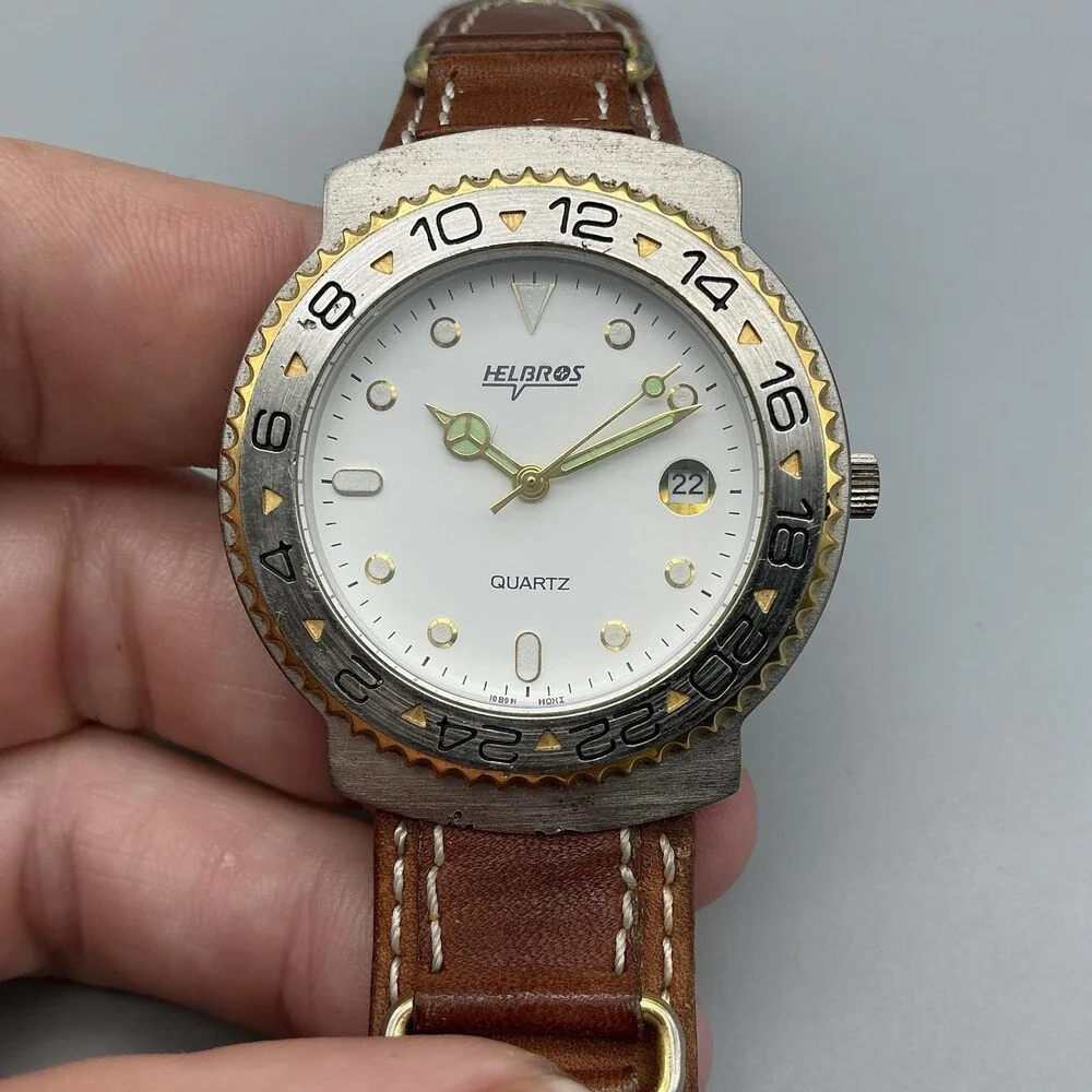 Vintage Helbros Mens Watch 37mm Leather Two Tone Bezel Date New Battery